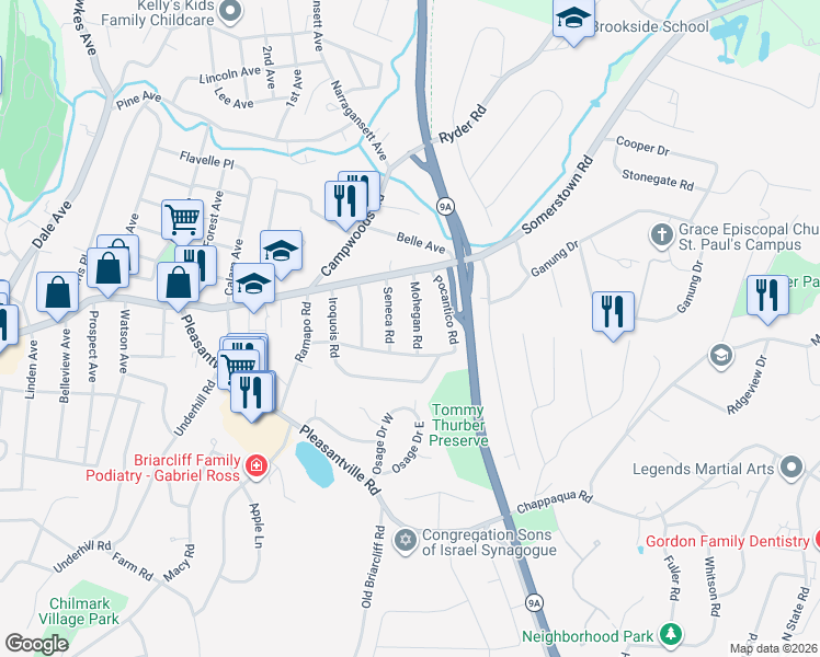map of restaurants, bars, coffee shops, grocery stores, and more near 24 Mohegan Road in Ossining