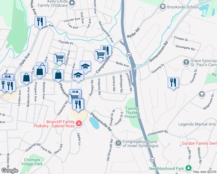 map of restaurants, bars, coffee shops, grocery stores, and more near 21 Mohawk Road in Ossining