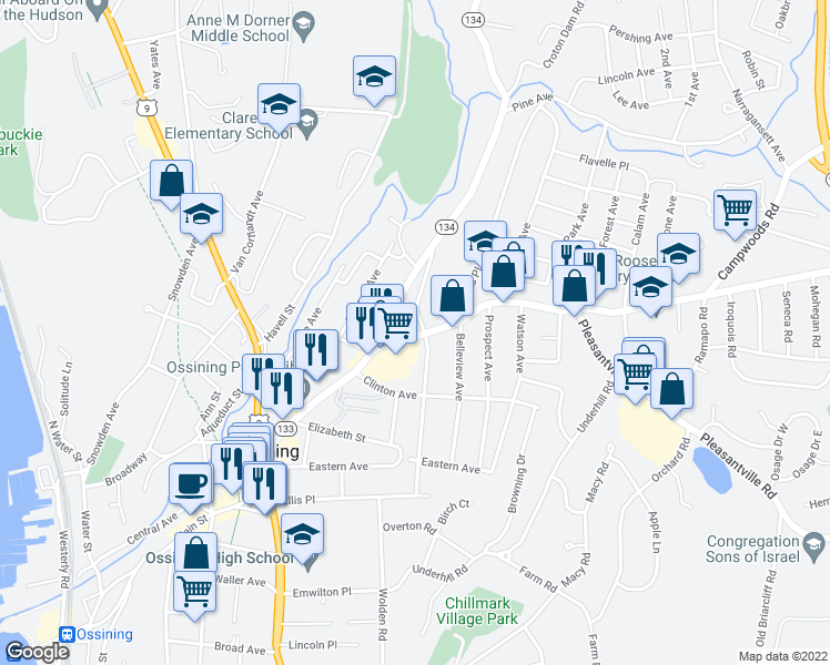 map of restaurants, bars, coffee shops, grocery stores, and more near 108 Croton Avenue in Ossining
