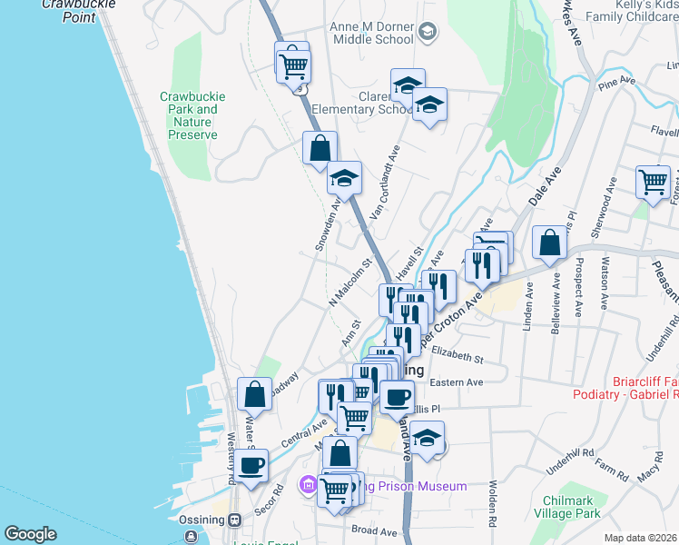 map of restaurants, bars, coffee shops, grocery stores, and more near 47 1/2 North Malcolm Street in Ossining