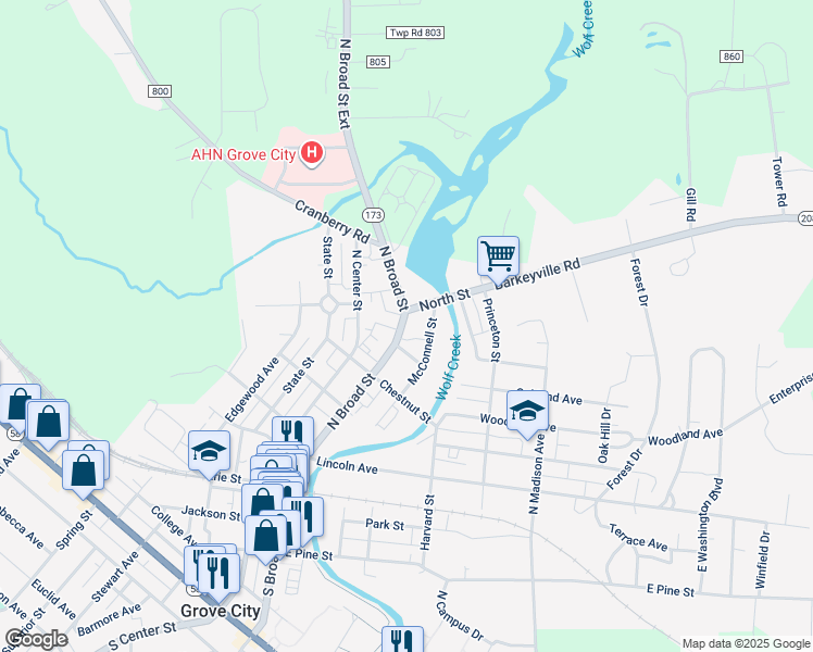 map of restaurants, bars, coffee shops, grocery stores, and more near 435 North Broad Street in Grove City