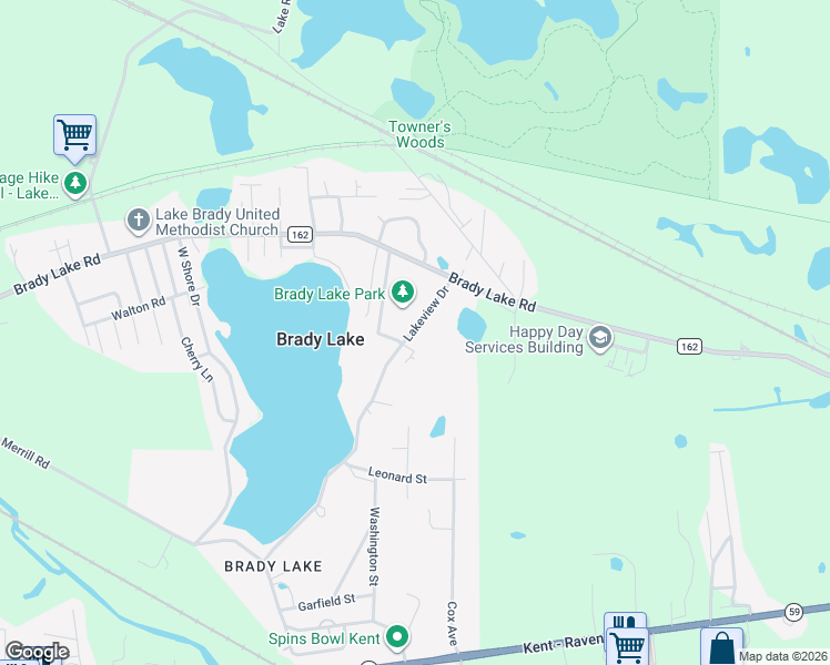 map of restaurants, bars, coffee shops, grocery stores, and more near 6442 Lakeview Drive in Ravenna