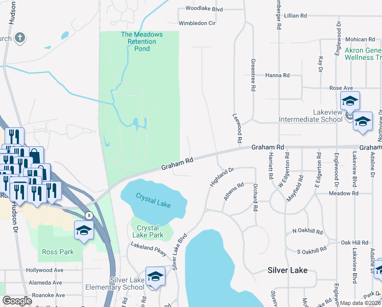 map of restaurants, bars, coffee shops, grocery stores, and more near 3675 Country Club Drive in Silver Lake