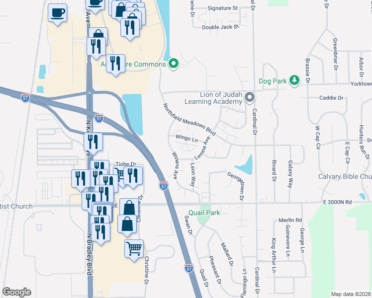 map of restaurants, bars, coffee shops, grocery stores, and more near 1319 Lemna Avenue in Bourbonnais