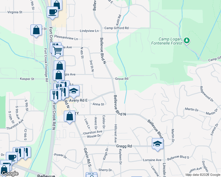 map of restaurants, bars, coffee shops, grocery stores, and more near 1708 Avery Road East in Bellevue