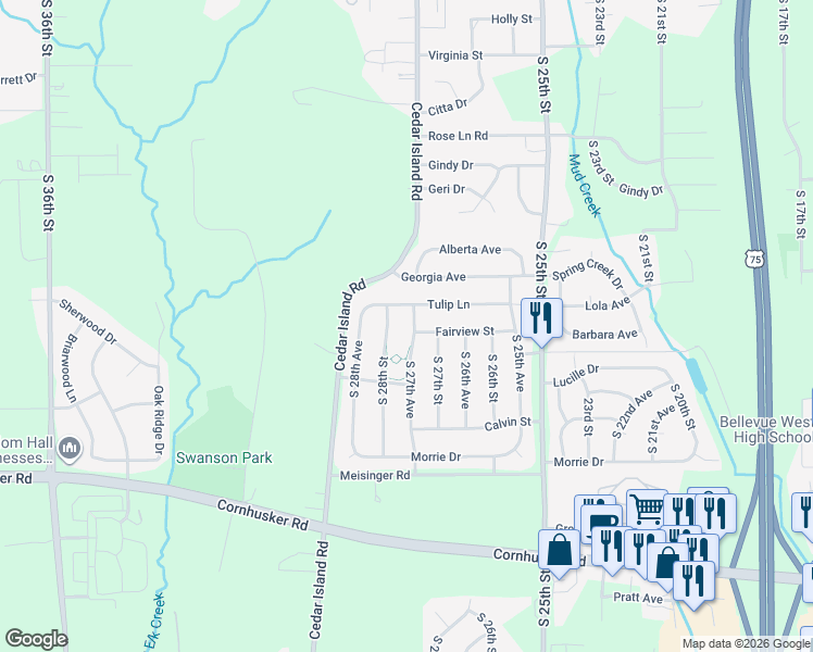 map of restaurants, bars, coffee shops, grocery stores, and more near 9403 South 28th Street in Bellevue