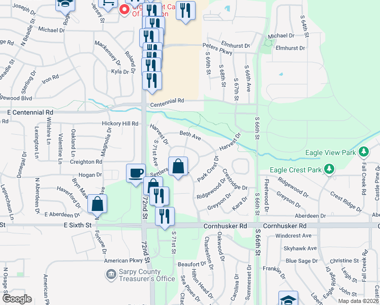 map of restaurants, bars, coffee shops, grocery stores, and more near 9410 South 69th Street in Papillion