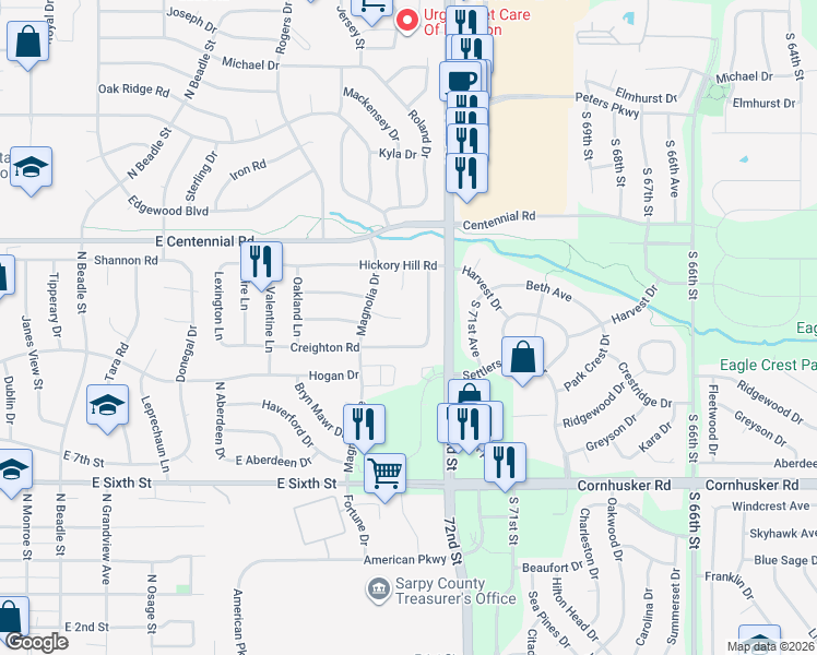 map of restaurants, bars, coffee shops, grocery stores, and more near 1110 Creighton Road in Papillion