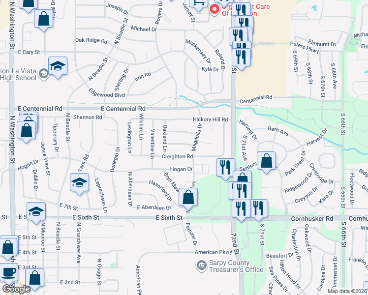 map of restaurants, bars, coffee shops, grocery stores, and more near 1012 Creighton Road in Papillion