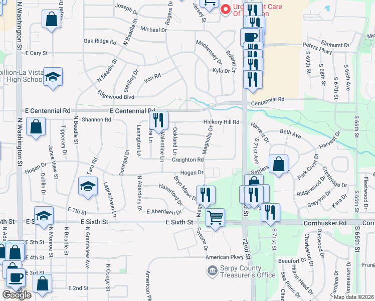 map of restaurants, bars, coffee shops, grocery stores, and more near 1012 Creighton Road in Papillion