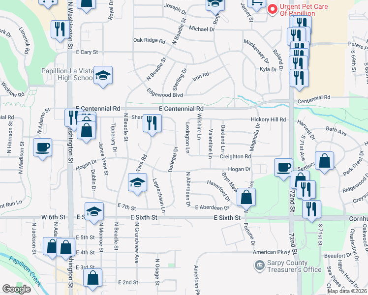 map of restaurants, bars, coffee shops, grocery stores, and more near 802 Lexington Lane in Papillion