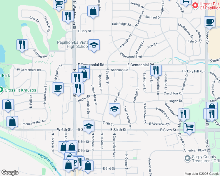 map of restaurants, bars, coffee shops, grocery stores, and more near 602 Hogan Drive in Papillion