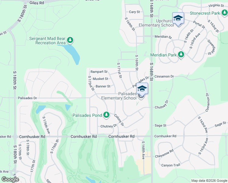 map of restaurants, bars, coffee shops, grocery stores, and more near 17208 Palisades Drive in Omaha