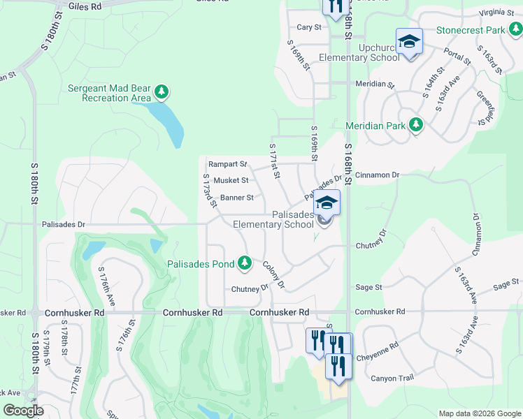 map of restaurants, bars, coffee shops, grocery stores, and more near 17208 Palisades Drive in Omaha