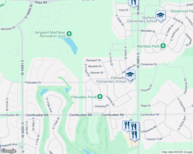 map of restaurants, bars, coffee shops, grocery stores, and more near 17230 Colony Drive in Omaha