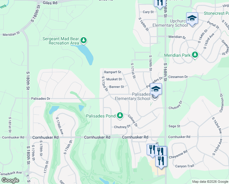 map of restaurants, bars, coffee shops, grocery stores, and more near 17230 Colony Drive in Omaha