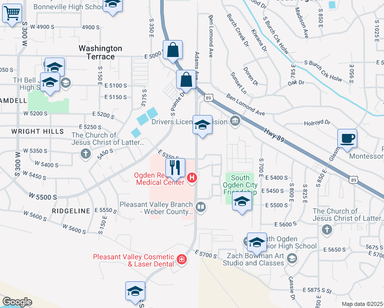 map of restaurants, bars, coffee shops, grocery stores, and more near 5349 Adams Avenue Parkway in Washington Terrace