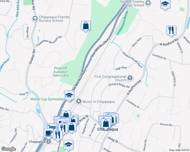 map of restaurants, bars, coffee shops, grocery stores, and more near 352 North Greeley Avenue in Chappaqua
