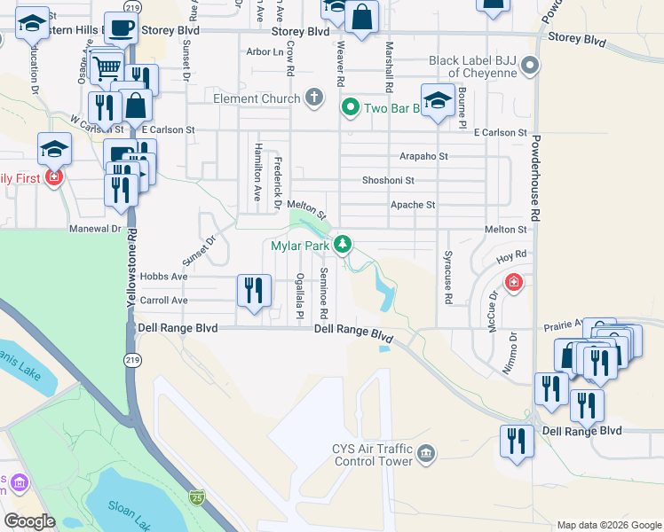 map of restaurants, bars, coffee shops, grocery stores, and more near 5101-5107 Seminoe Road in Cheyenne