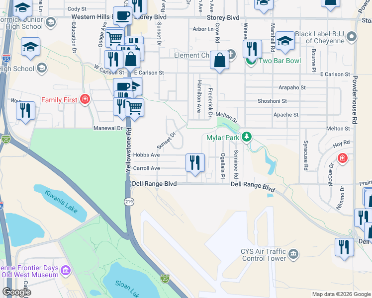 map of restaurants, bars, coffee shops, grocery stores, and more near 300 Hobbs Avenue in Cheyenne