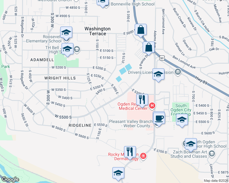 map of restaurants, bars, coffee shops, grocery stores, and more near 5435 South 350 East in Washington Terrace