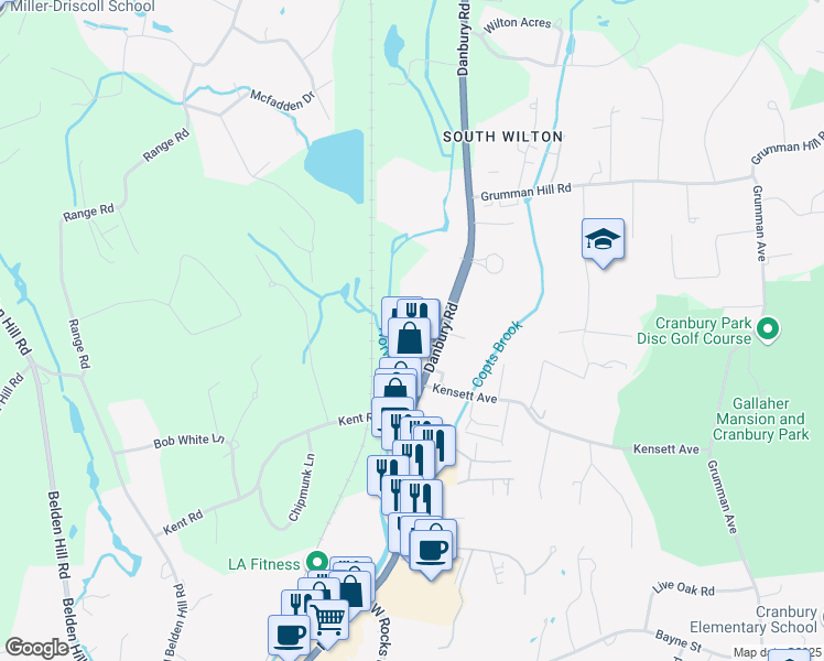 map of restaurants, bars, coffee shops, grocery stores, and more near 43 Danbury Road in Wilton