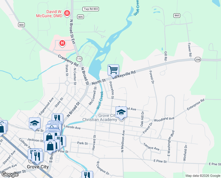 map of restaurants, bars, coffee shops, grocery stores, and more near 608 Princeton Street in Grove City