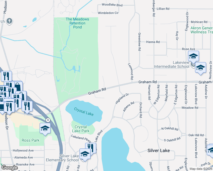 map of restaurants, bars, coffee shops, grocery stores, and more near 3675 Country Club Drive in Silver Lake