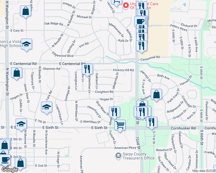 map of restaurants, bars, coffee shops, grocery stores, and more near 1012 Creighton Road in Papillion