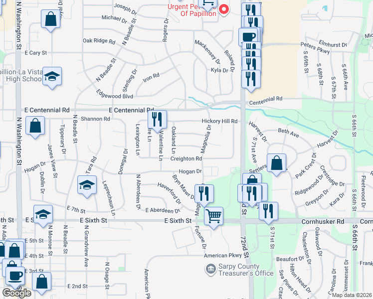 map of restaurants, bars, coffee shops, grocery stores, and more near 1012 Creighton Road in Papillion