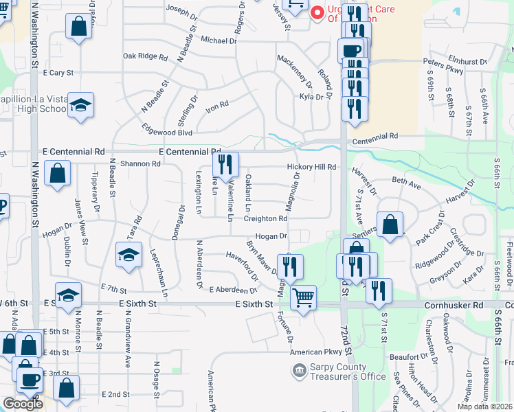 map of restaurants, bars, coffee shops, grocery stores, and more near 1012 Creighton Road in Papillion