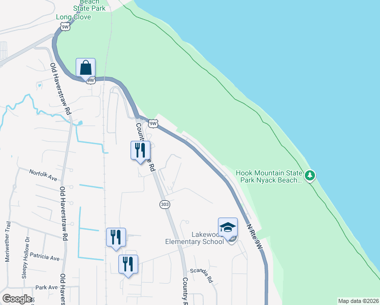 map of restaurants, bars, coffee shops, grocery stores, and more near 299-307 Route 9W in Congers