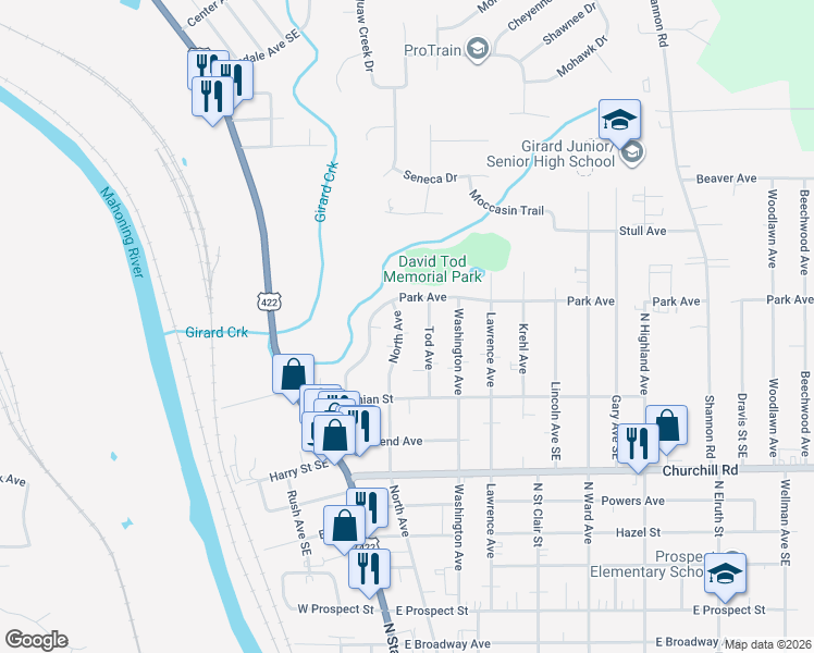 map of restaurants, bars, coffee shops, grocery stores, and more near 1061 North Avenue in Girard