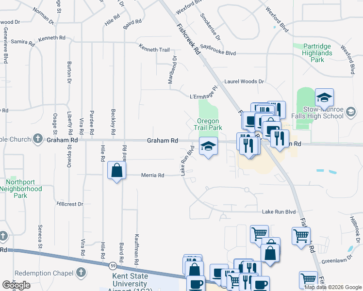 map of restaurants, bars, coffee shops, grocery stores, and more near 3956 Lake Run Boulevard in Stow