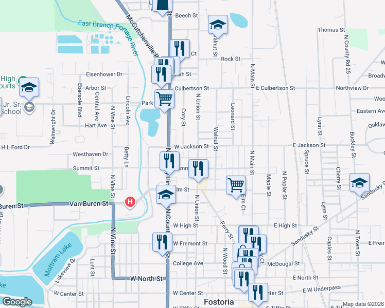 map of restaurants, bars, coffee shops, grocery stores, and more near 316 Summit Street in Fostoria