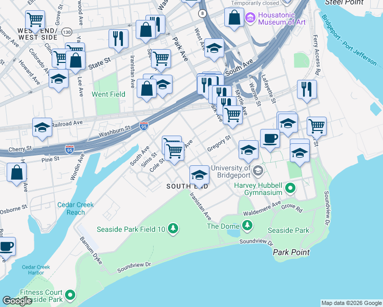 map of restaurants, bars, coffee shops, grocery stores, and more near 493-495 Gregory Street in Bridgeport