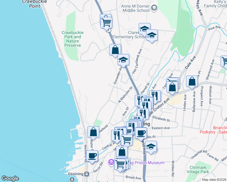 map of restaurants, bars, coffee shops, grocery stores, and more near 36 Snowden Avenue in Ossining