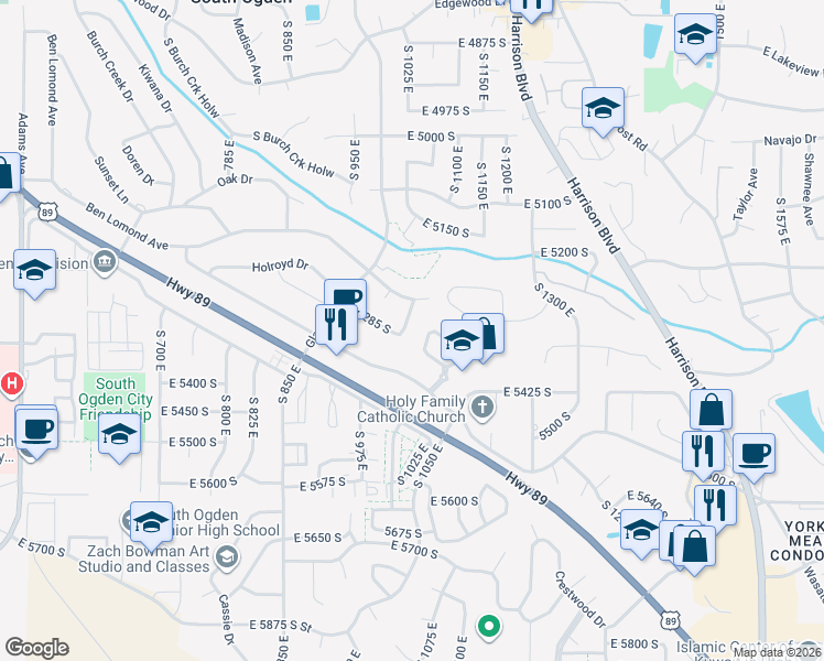 map of restaurants, bars, coffee shops, grocery stores, and more near 5280 South 1035 East in Ogden