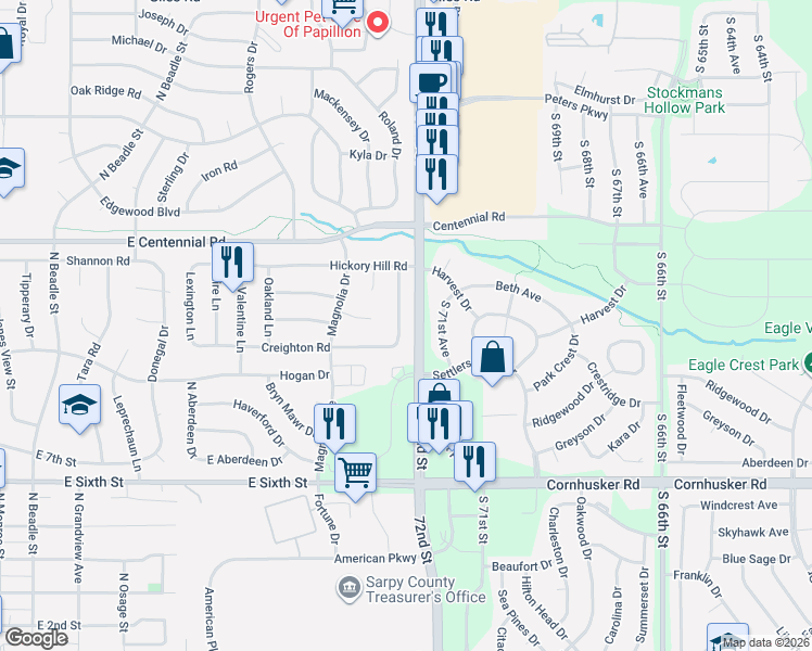 map of restaurants, bars, coffee shops, grocery stores, and more near 803 Auburn Lane in Papillion