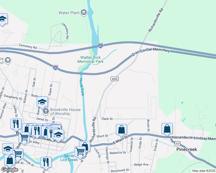map of restaurants, bars, coffee shops, grocery stores, and more near Richardsville Road in Brookville