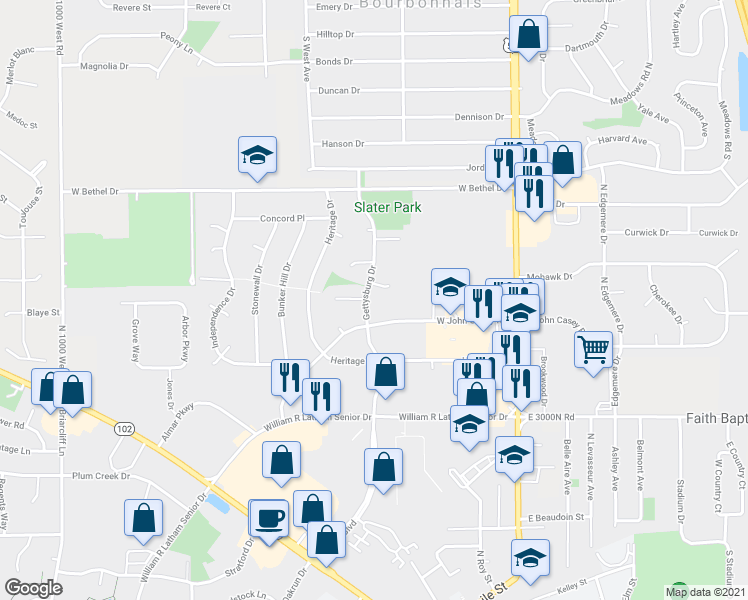 map of restaurants, bars, coffee shops, grocery stores, and more near 786 Gettysburg Drive in Bourbonnais