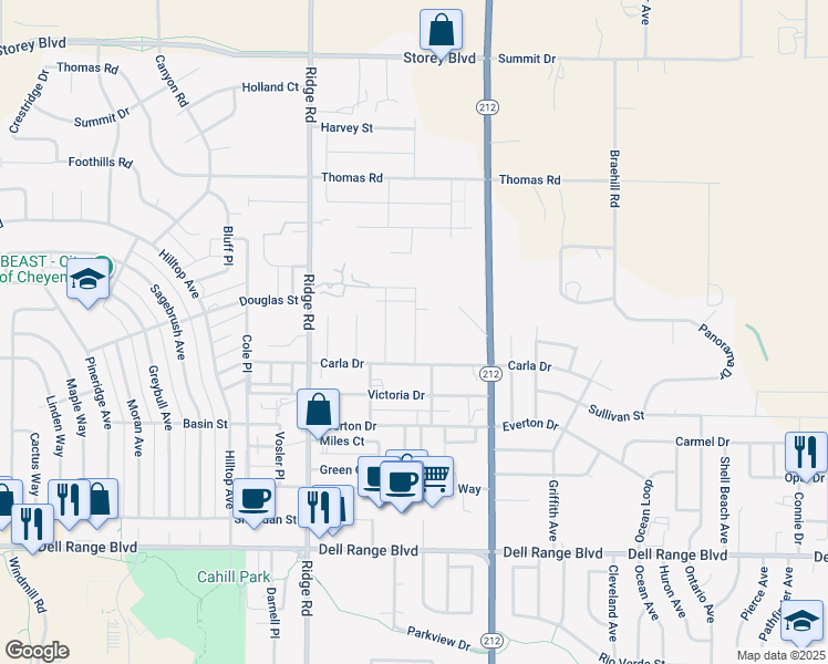 map of restaurants, bars, coffee shops, grocery stores, and more near 5215 Boulder Court in Cheyenne