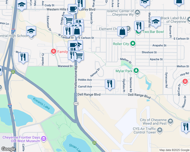 map of restaurants, bars, coffee shops, grocery stores, and more near 5215 Sunset Street in Cheyenne