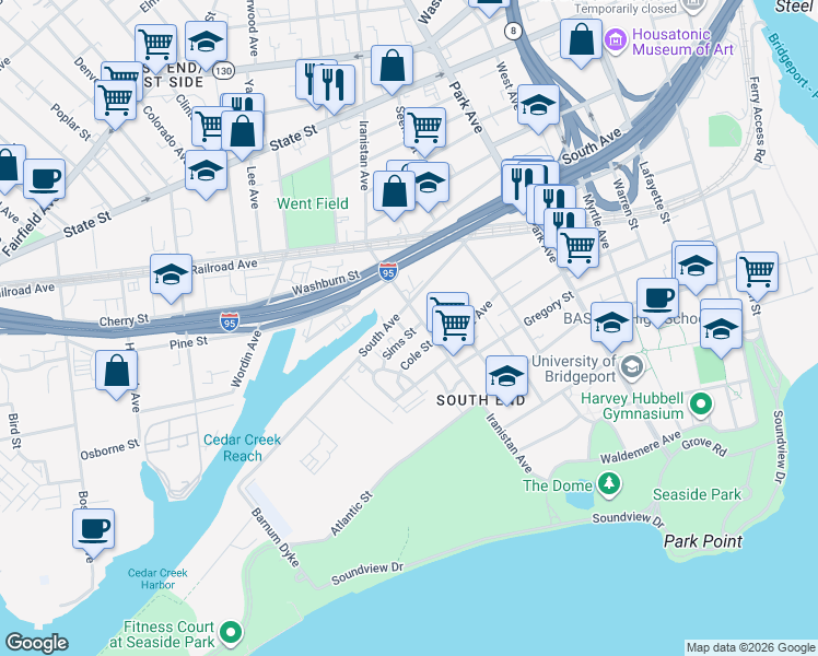 map of restaurants, bars, coffee shops, grocery stores, and more near 72 Sims Street in Bridgeport