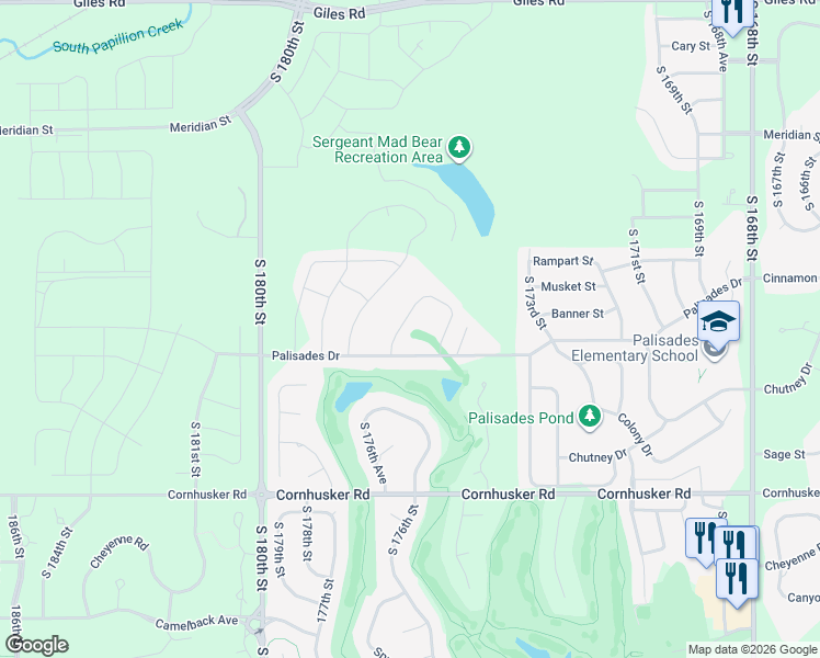 map of restaurants, bars, coffee shops, grocery stores, and more near 17612 Palisades Drive in Omaha