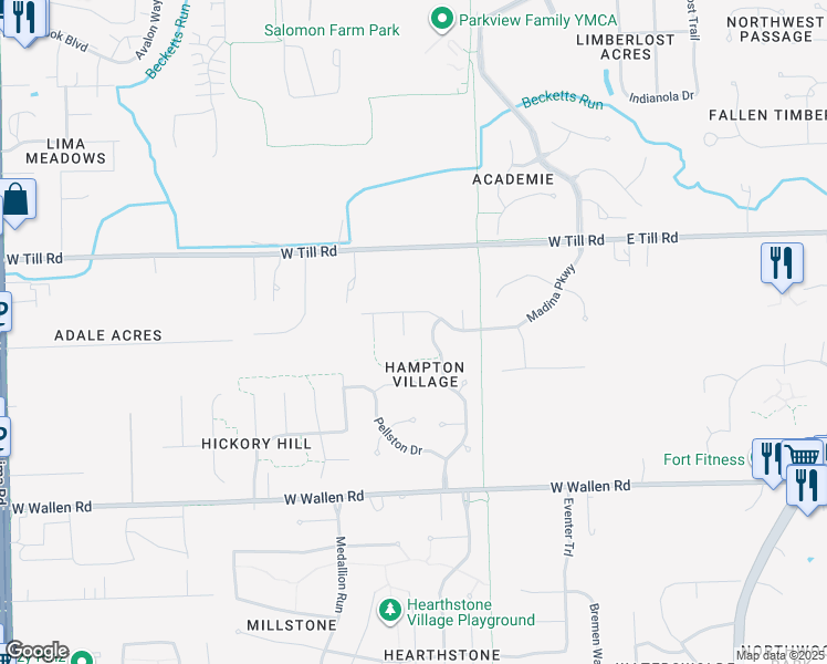 map of restaurants, bars, coffee shops, grocery stores, and more near 9218 Norwich Court in Fort Wayne