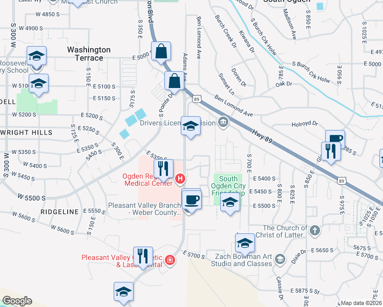 map of restaurants, bars, coffee shops, grocery stores, and more near 561 East 5350 South in Washington Terrace