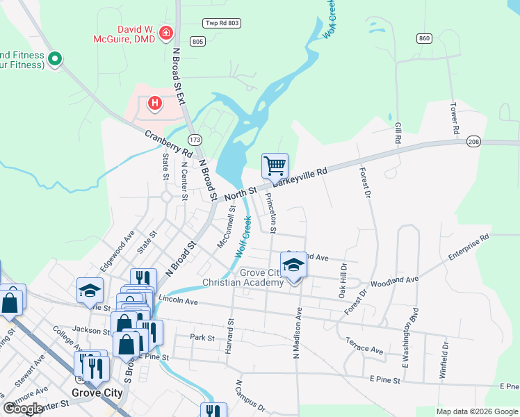 map of restaurants, bars, coffee shops, grocery stores, and more near 623 Riverside Avenue in Grove City
