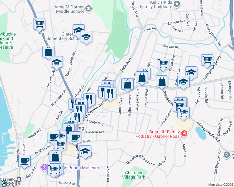 map of restaurants, bars, coffee shops, grocery stores, and more near 105 Croton Avenue in Ossining