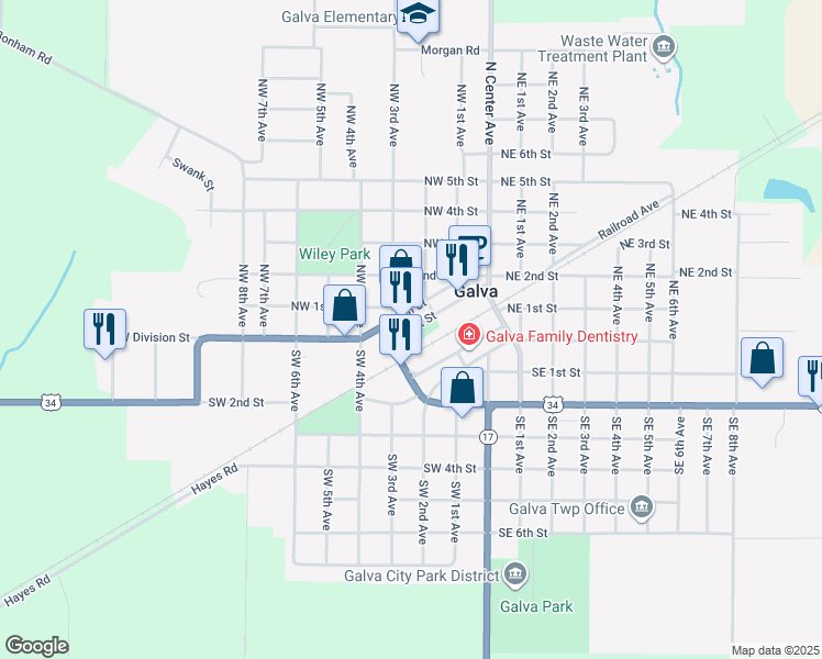map of restaurants, bars, coffee shops, grocery stores, and more near 334 Front Street in Galva